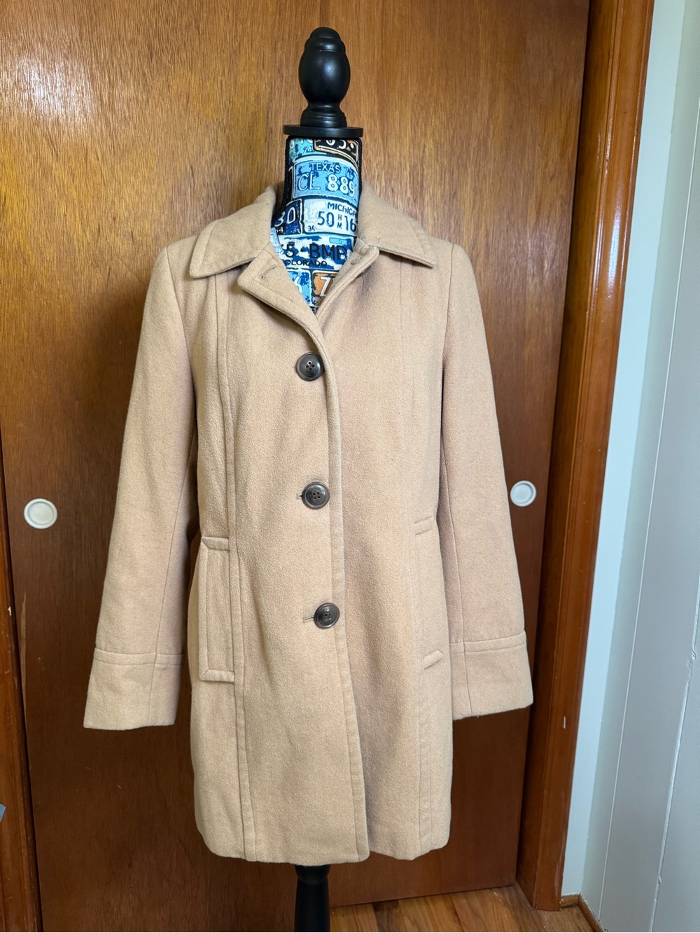 St. John’s Bay Women’s Wool Button Front Collared Lined Beige Pea Coat, Small